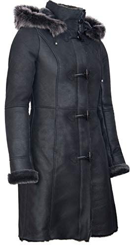 Infinity Leather Ladies Black Snowtip Merino Shearling Sheepskin Hooded Duffle Coat XL