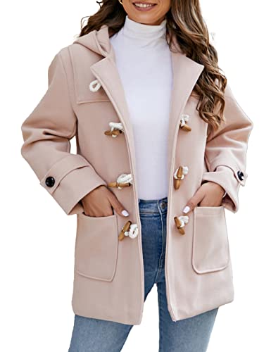 PAODIKUAI Women's Wool Blend Hooded Toggle Duffle Coat Casual Wool Coats Winter Outwear (B-Quilted-Pink, Medium)