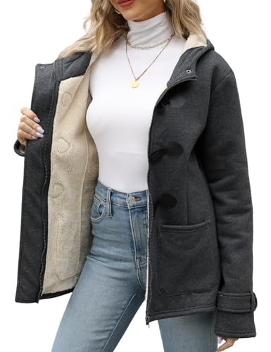 Wyeysyt Women's Fleece Sherpa Lined Toggle Duffle Coat Winter Warm Hooded Jacket Horn Button Casual Sweatshirt Outerwear(DarkGrey-M)