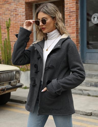 Wyeysyt Women's Fleece Sherpa Lined Toggle Duffle Coat Winter Warm Hooded Jacket Horn Button Casual Sweatshirt Outerwear(DarkGrey-M)