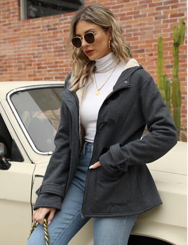 Wyeysyt Women's Fleece Sherpa Lined Toggle Duffle Coat Winter Warm Hooded Jacket Horn Button Casual Sweatshirt Outerwear(DarkGrey-M)