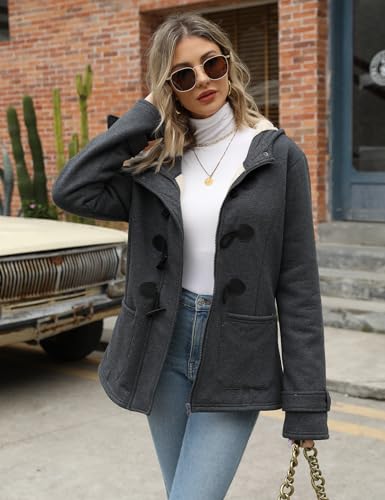 Wyeysyt Women's Fleece Sherpa Lined Toggle Duffle Coat Winter Warm Hooded Jacket Horn Button Casual Sweatshirt Outerwear(DarkGrey-M)