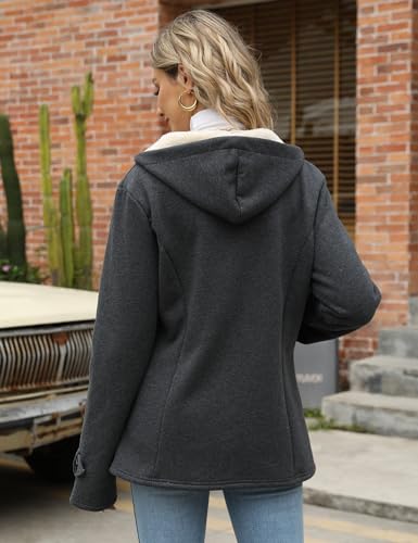 Wyeysyt Women's Fleece Sherpa Lined Toggle Duffle Coat Winter Warm Hooded Jacket Horn Button Casual Sweatshirt Outerwear(DarkGrey-M)
