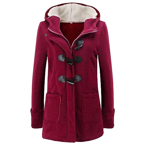 Womens Warm Coat Horn Button Jackets Fleece Duffle Coat Solid Color Zip Up Hooded Outwear Vintage Casual Outerwear Wine Red
