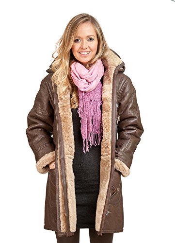 Infinity Women's Brown Long Winter Hooded Real Shearling Sheepskin Leather Duffle Coat 3XL