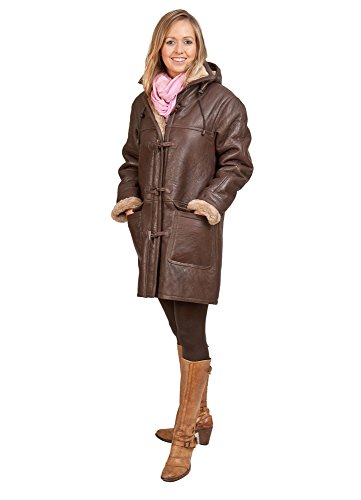 Infinity Women's Brown Long Winter Hooded Real Shearling Sheepskin Leather Duffle Coat 3XL