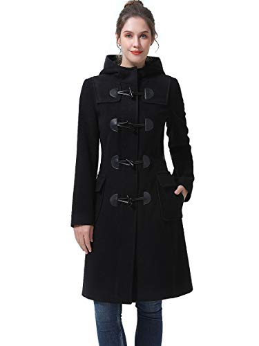 BGSD Women Liv Wool Blend Hooded Long Toggle Walking Duffle Coat (Also available in Plus Size and Petite), Black, 1X