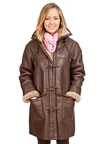 Infinity Women's Brown Long Winter Hooded Real Shearling Sheepskin Leather Duffle Coat 3XL