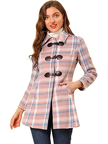 Allegra K Women's Christmas Toggle Outerwear Turn Down Collar Winter Plaid Duffle Coat Medium Pink Blue