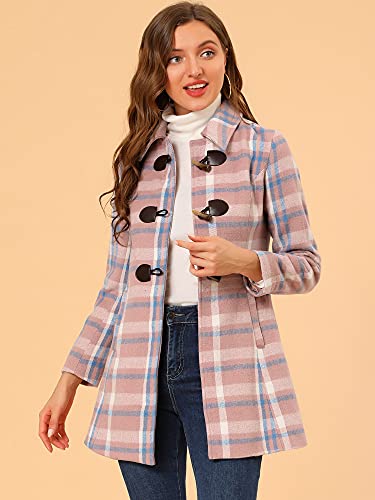 Allegra K Women's Christmas Toggle Outerwear Turn Down Collar Winter Plaid Duffle Coat Medium Pink Blue