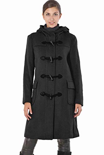 BGSD Women Lisa Wool Blend Hooded Long Walking Toggle Duffle Coat (Also available in Plus Size), Black, Large