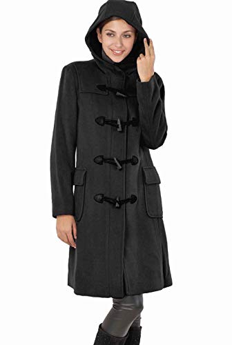 BGSD Women Lisa Wool Blend Hooded Long Walking Toggle Duffle Coat (Also available in Plus Size), Black, Large