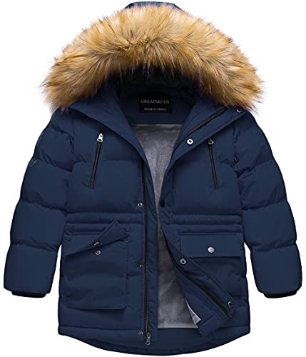 CREATMO US Boy's Heavyweight Parka Puffer Jacket With Removable Fur Hood Navy 10/12