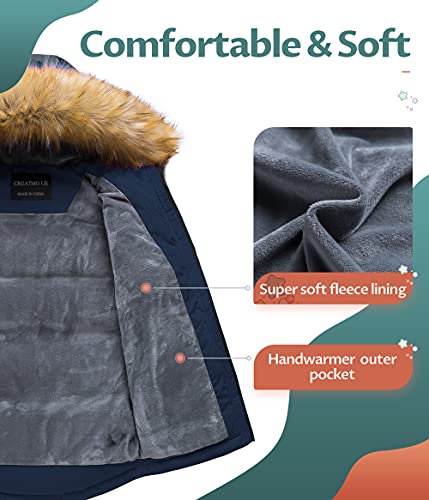 CREATMO US Boy's Heavyweight Parka Puffer Jacket With Removable Fur Hood Navy 10/12