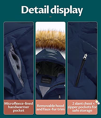 CREATMO US Boy's Heavyweight Parka Puffer Jacket With Removable Fur Hood Navy 10/12