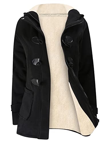 Gihuo Women's Sherpa Lined Toggle Duffle Coat Fleece Hooded Winter Warm Jacket Sweatshirt(Black-M)