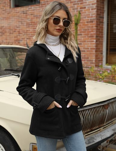 Gihuo Women's Sherpa Lined Toggle Duffle Coat Fleece Hooded Winter Warm Jacket Sweatshirt(Black-M)