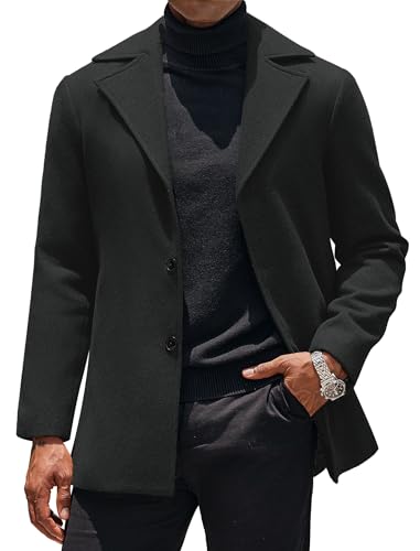 COOFANDY Black Trench Coat Men Notched Collar Single Breasted Peacoat Business Overcoats