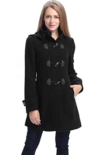 BGSD Women Daisy Wool Blend Hooded Toggle Walking Duffle Coat (Also available in Plus Size and Petite), Black, X-Large