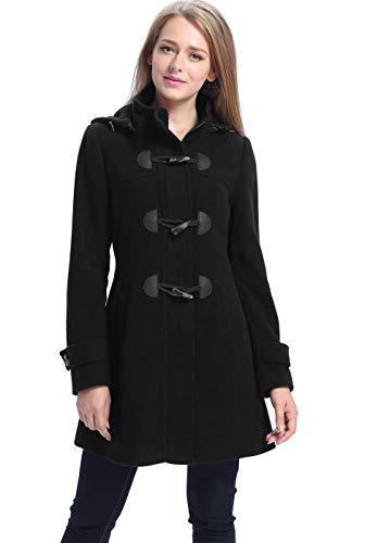 BGSD Women Daisy Wool Blend Hooded Toggle Walking Duffle Coat (Also available in Plus Size and Petite), Black, X-Large