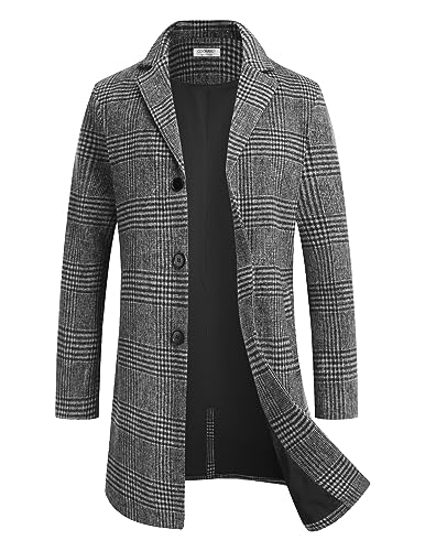 COOFANDY Mens Black Plaid Overcoat Peacoat Mens Wool Coats Winter Casual Trench Coat Slim Fit Men's Fall Coat Black Plaid L