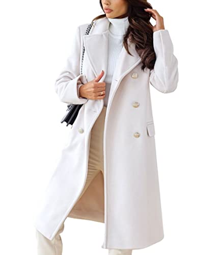 chouyatou Women's Winter Lapel Double Breasted Office Work Long Wool Pea Coat Overcoats (Small, White)