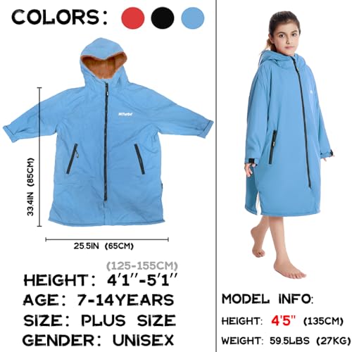 Hiturbo Warm Kids Swim Parka: Waterproof Changing Robe - Thick Fleece Lining - Oversize Swimming Coat - Hooded Surf Poncho (7-14Y, Blue)
