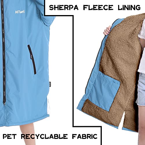 Hiturbo Warm Kids Swim Parka: Waterproof Changing Robe - Thick Fleece Lining - Oversize Swimming Coat - Hooded Surf Poncho (7-14Y, Blue)