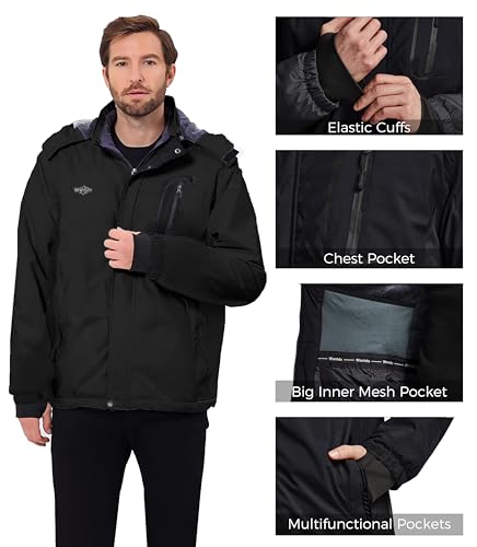 wantdo Men's Winter Waterproof Fleece Ski Jacket Windbreaker Parka Black M