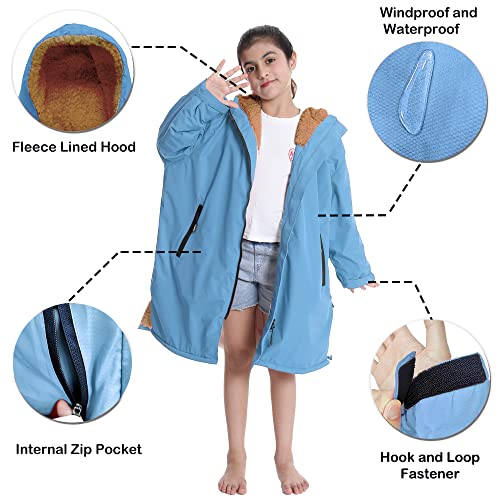 Hiturbo Warm Kids Swim Parka: Waterproof Changing Robe - Thick Fleece Lining - Oversize Swimming Coat - Hooded Surf Poncho (7-14Y, Blue)