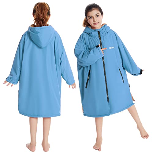 Hiturbo Warm Kids Swim Parka: Waterproof Changing Robe - Thick Fleece Lining - Oversize Swimming Coat - Hooded Surf Poncho (7-14Y, Blue)