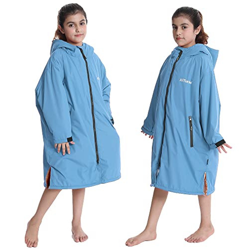 Hiturbo Warm Kids Swim Parka: Waterproof Changing Robe - Thick Fleece Lining - Oversize Swimming Coat - Hooded Surf Poncho (7-14Y, Blue)