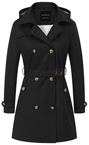 CREATMO US Women's Waterproof Double-Breasted Trench Coat Classic Lapel Overcoat Slim Outerwear with Belt Black 3XL