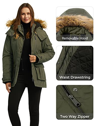 wantdo Women's Thickened Parka Coat with Removable Fur Hood (Army Green, Medium)