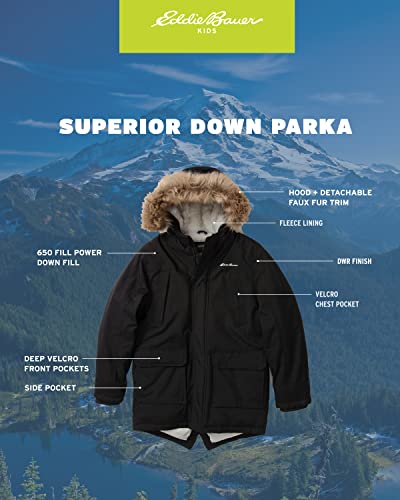 Eddie Bauer Boys' Winter Coat – Waterproof Heavyweight Down Parka Jacket with Faux Fur Hood (3-20), Size 10-12, Black