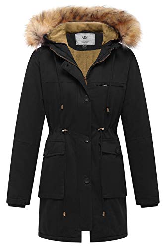 WenVen Women's Warm Thick Flannel Parka Twill Cotton Coat Jacket (Black, XL)