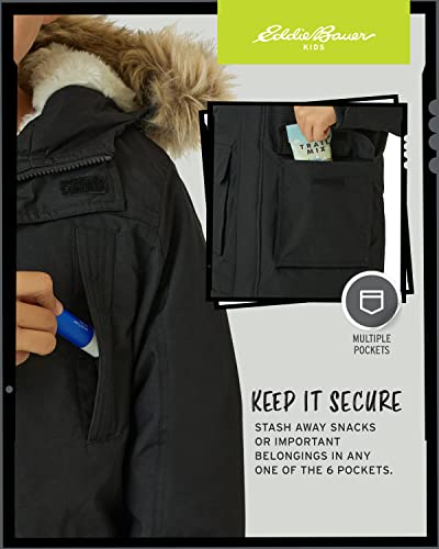 Eddie Bauer Boys' Winter Coat – Waterproof Heavyweight Down Parka Jacket with Faux Fur Hood (3-20), Size 10-12, Black