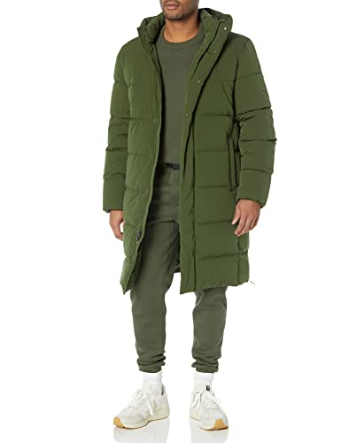 Amazon Essentials Men's Recycled Polyester Hooded Long Puffer, Dark Olive, Medium
