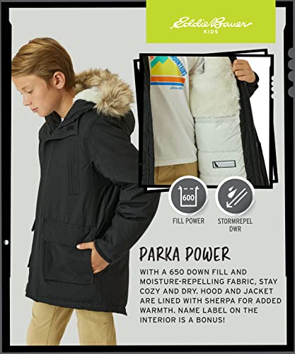 Eddie Bauer Boys' Winter Coat – Waterproof Heavyweight Down Parka Jacket with Faux Fur Hood (3-20), Size 10-12, Black