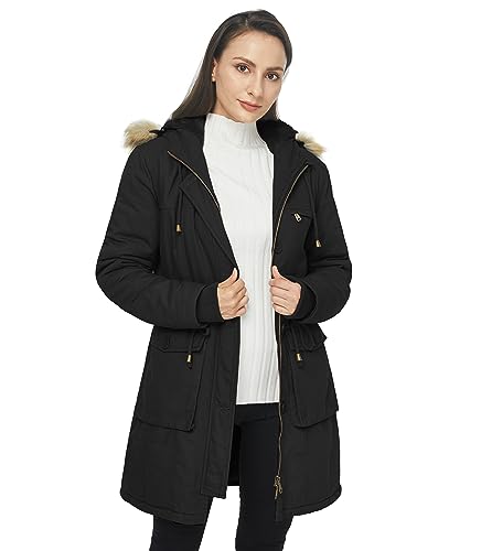 WenVen Women's Warm Thick Flannel Parka Twill Cotton Coat Jacket (Black, XL)