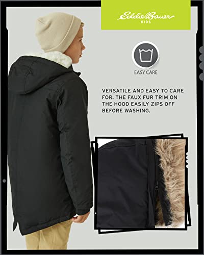 Eddie Bauer Boys' Winter Coat – Waterproof Heavyweight Down Parka Jacket with Faux Fur Hood (3-20), Size 10-12, Black