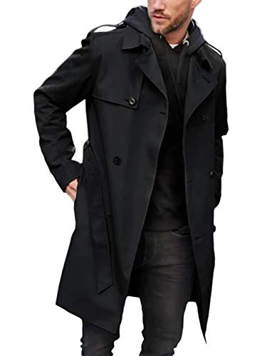 Pretifeel Mens Trench Coat Slim Fit Double Breasted Long Jacket Notched Lapel Belt Fall Windproof Coat X-Large