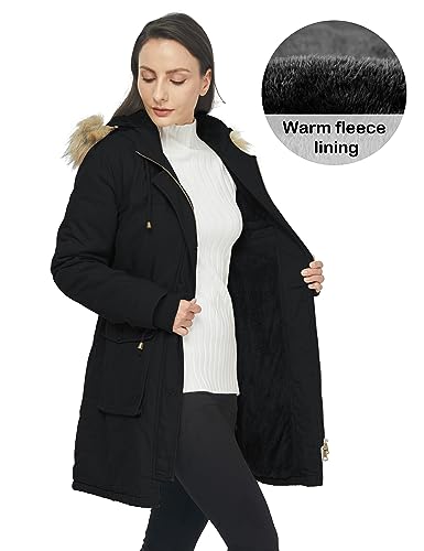 WenVen Women's Warm Thick Flannel Parka Twill Cotton Coat Jacket (Black, XL)