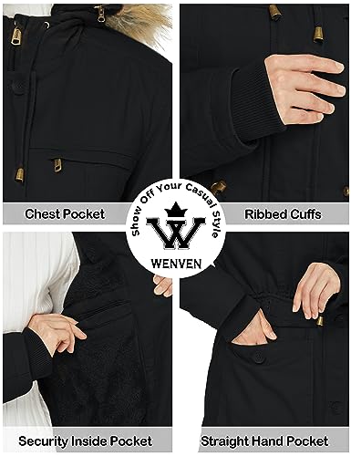 WenVen Women's Warm Thick Flannel Parka Twill Cotton Coat Jacket (Black, XL)