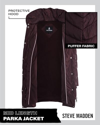 Steve Madden Women's Long Chervron Quilted Outerwear Jacket, Merlot, Large