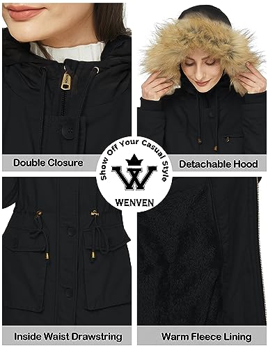WenVen Women's Warm Thick Flannel Parka Twill Cotton Coat Jacket (Black, XL)