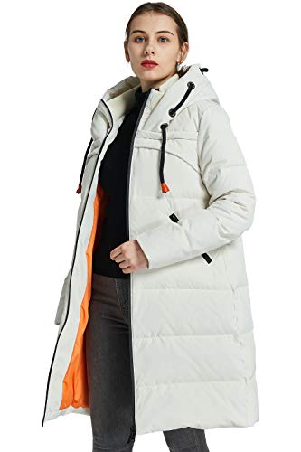 Orolay Women's Thickened Contrast Color Drawstring Down Jacket Hooded Parka Long Puffer Coat White XL