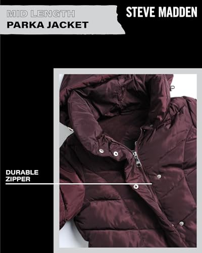 Steve Madden Women's Long Chervron Quilted Outerwear Jacket, Merlot, Large