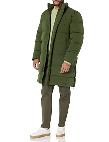 Amazon Essentials Men's Recycled Polyester Hooded Long Puffer, Dark Olive, Medium