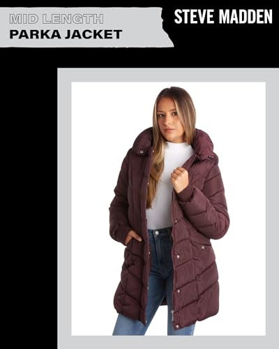 Steve Madden Women's Long Chervron Quilted Outerwear Jacket, Merlot, Large